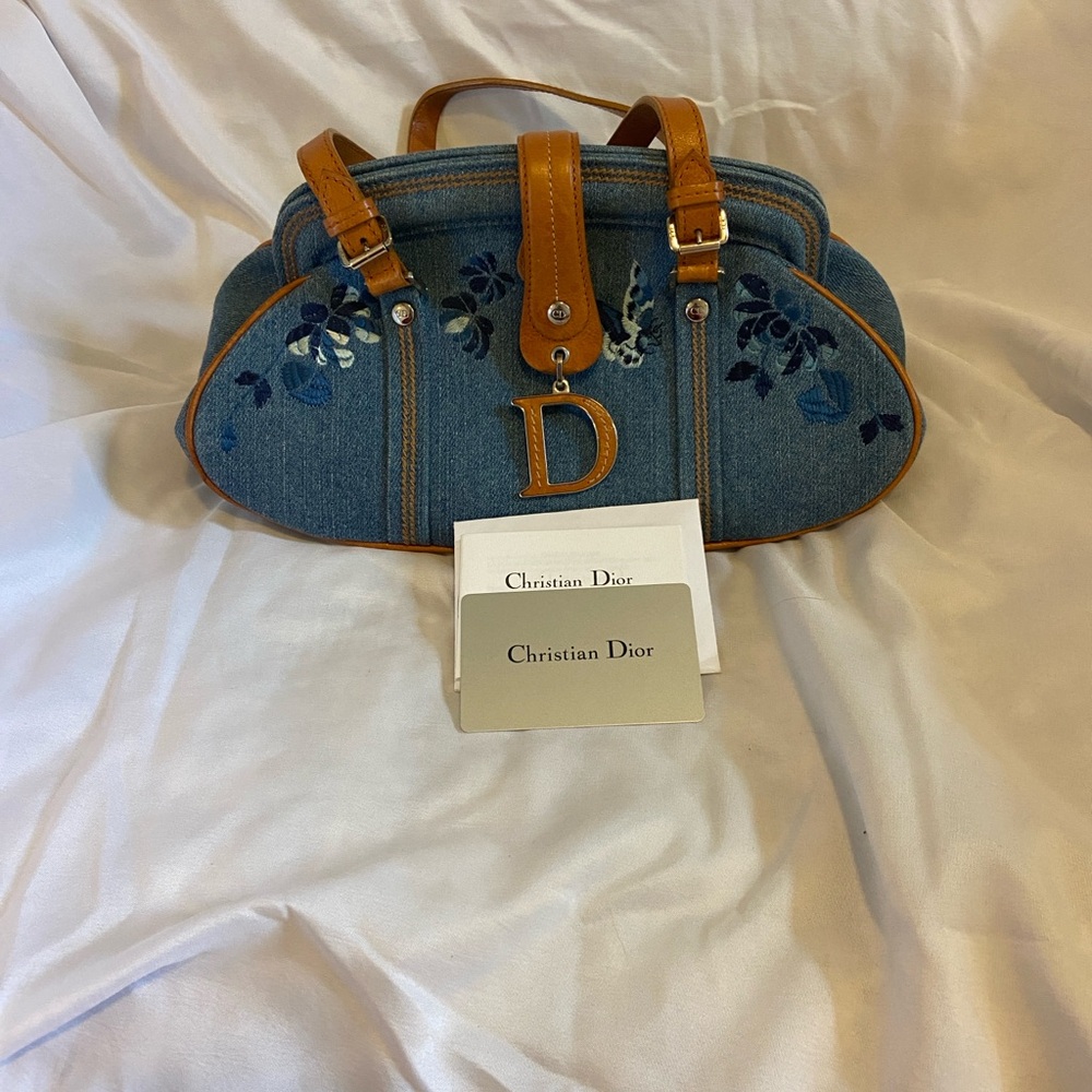 Christian Dior Denim Embroidered Flower Kiss Lock Hand Bag Blue Brown AUTHENTIC